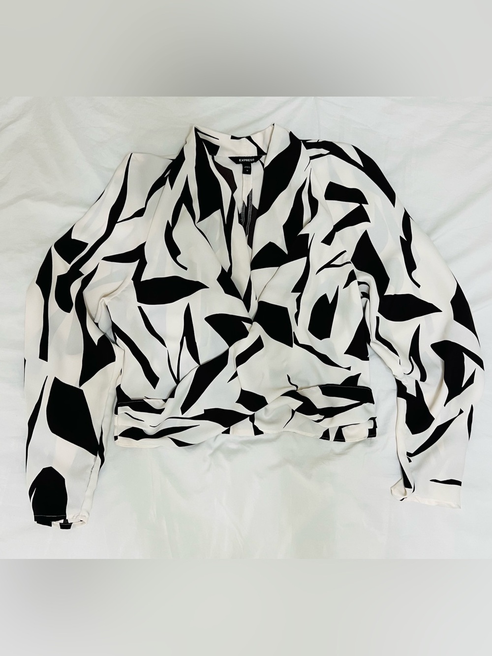 Express Black & White Abstract Wrap Blouse